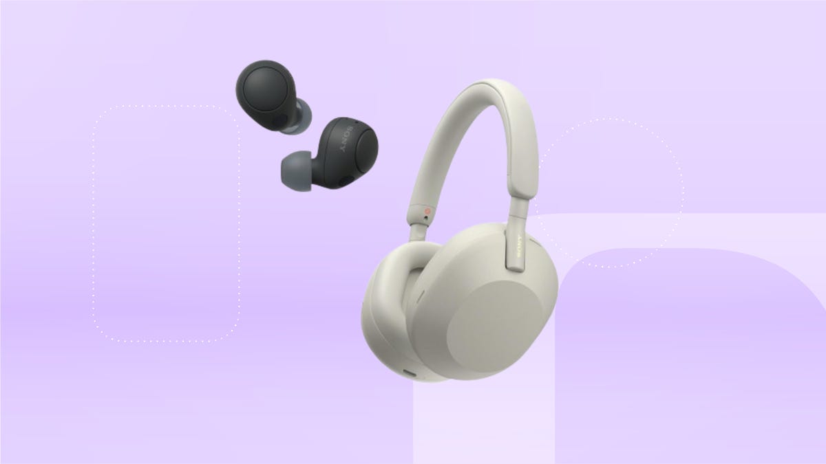 The Sony bundle, which contains noise-canceling headphones and noise–canceling earbuds, is displayed against a light purple background.