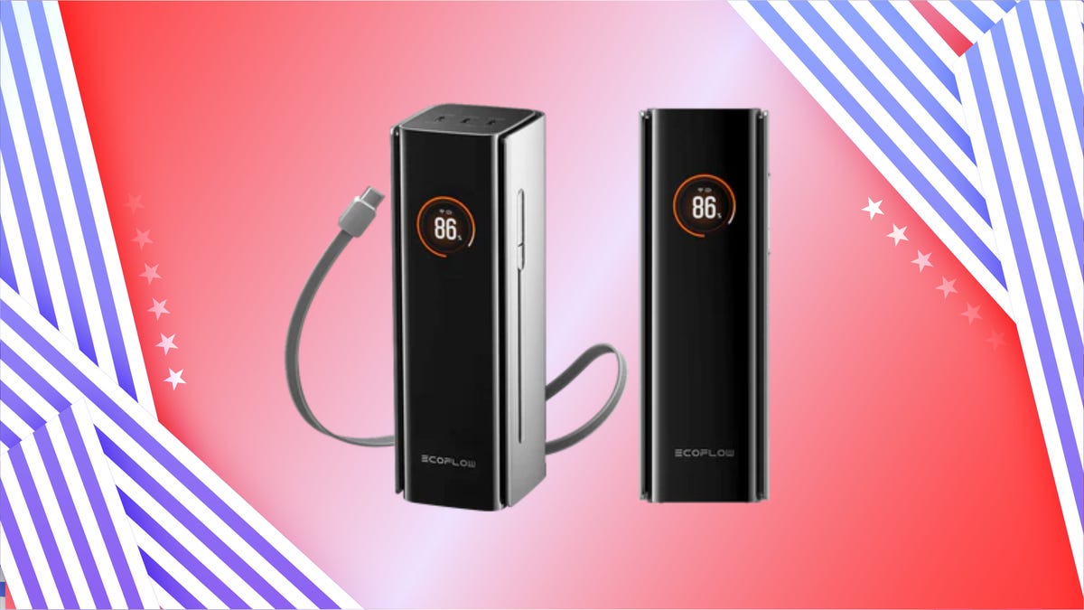 Ecoflow Free USB-C Charger and Power Bank against a red gradient background