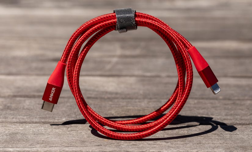 a coiled Anker 331 6ft USB-C to Lightning cable on a tabletop