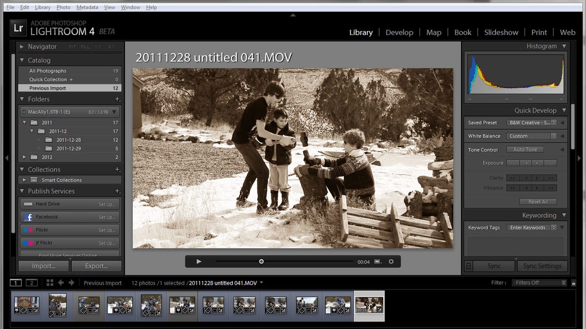 Lightroom 4, now in beta testing, lets people edit video with presets--even an old-style sepia tone look if they want.