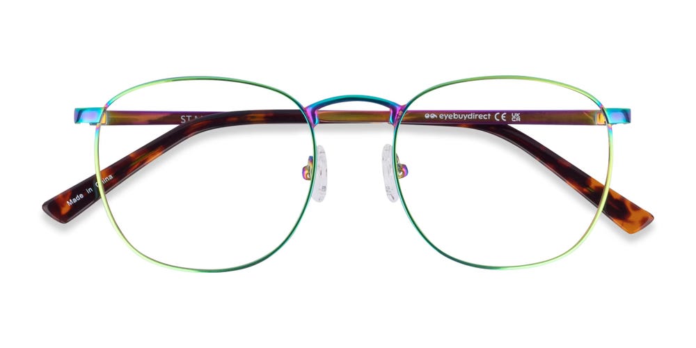 A pair of reading glasses with blue and green frames and tortoiseshell temples over a white background.