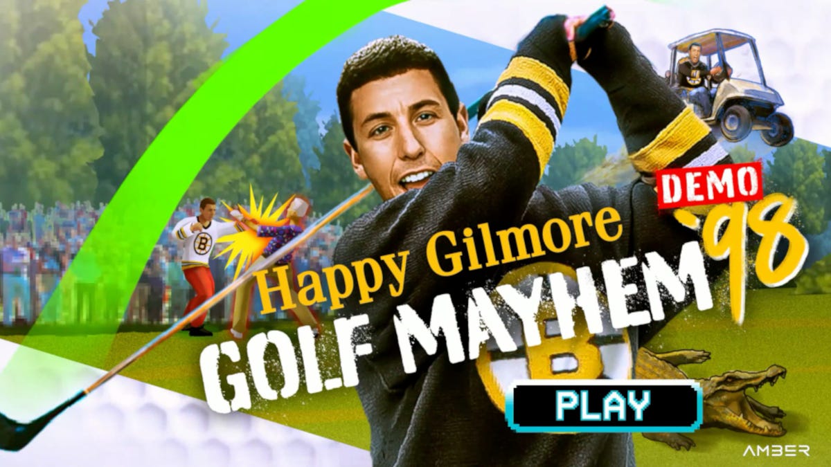 THe title card for Happy Gilmore: Golf Mayhem '98 Demo showing Adam Sandler swinging a golf club while wearing a Boston Bruins jersey.