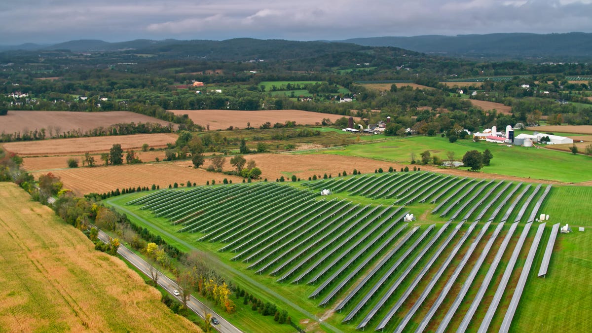 A community solar program's solar farm in a rural area.