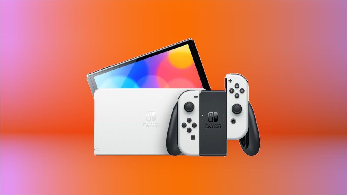 This image shows the Nintendo Switch OLED on an orange and purple CNET background.