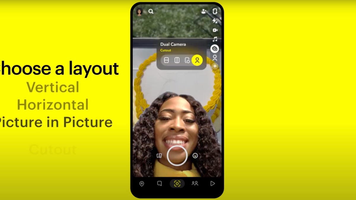 Snapchat dual camera layouts, displayed and listed.