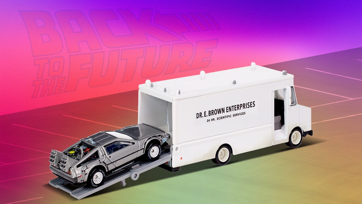 mattel's hot wheels set for delorean and doc brown's van in back to the future