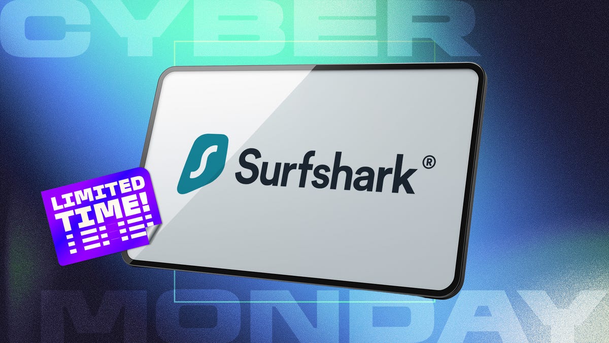 Surfshark logo on a tablet on a blue background