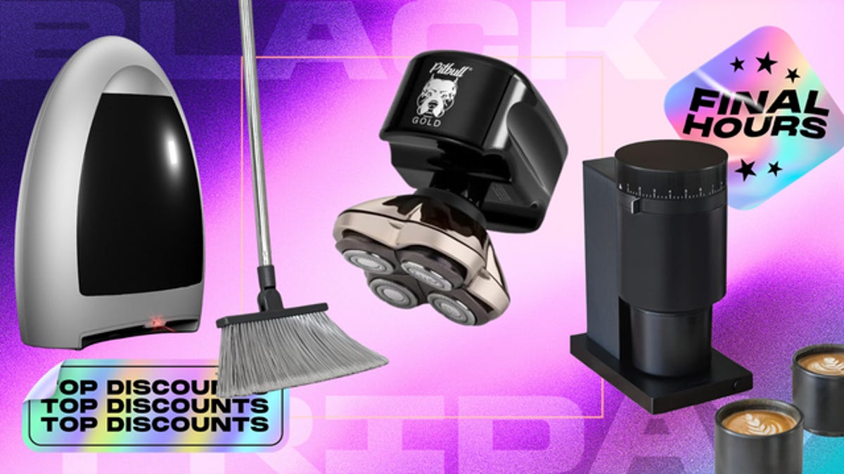 From left: vacuum, grey broom, pitbull good mop, black coffee grinder against purple and pink CNET background.