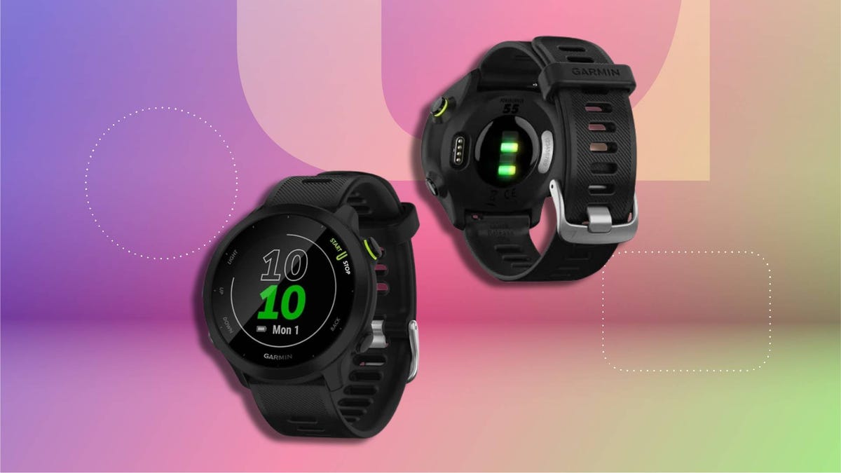 Garmin smartwatch shown from front and back views -- front displays digital time ‘10:10 Mon 1’ on black face with green and white text; back view highlights sensors and textured black strap with clasp. Set against a colorful gradient background.