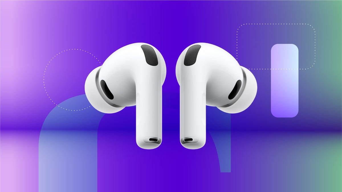 Apple's AirPods Pro 3 are shown against a gradient blue and purple CNET background.