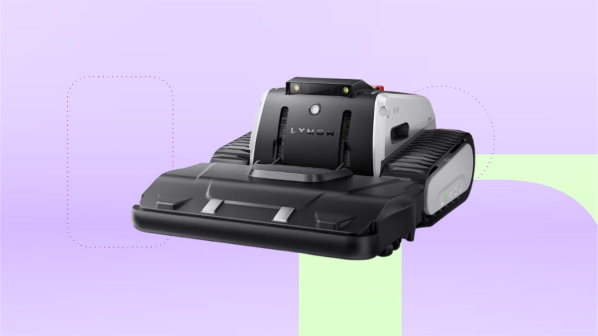 Black Lymow robot vacuum against lavender and mint green CNET background.