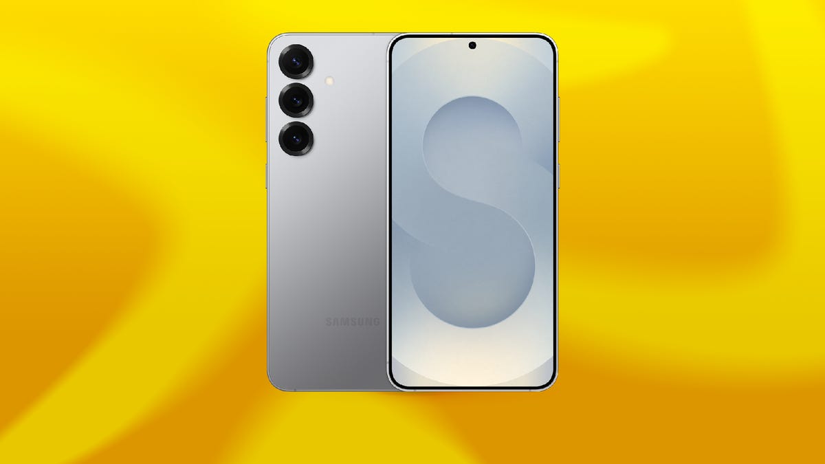 The front and back of a Samsung Galaxy S25 Ultra phone and stylus against a green and purple CNET background.