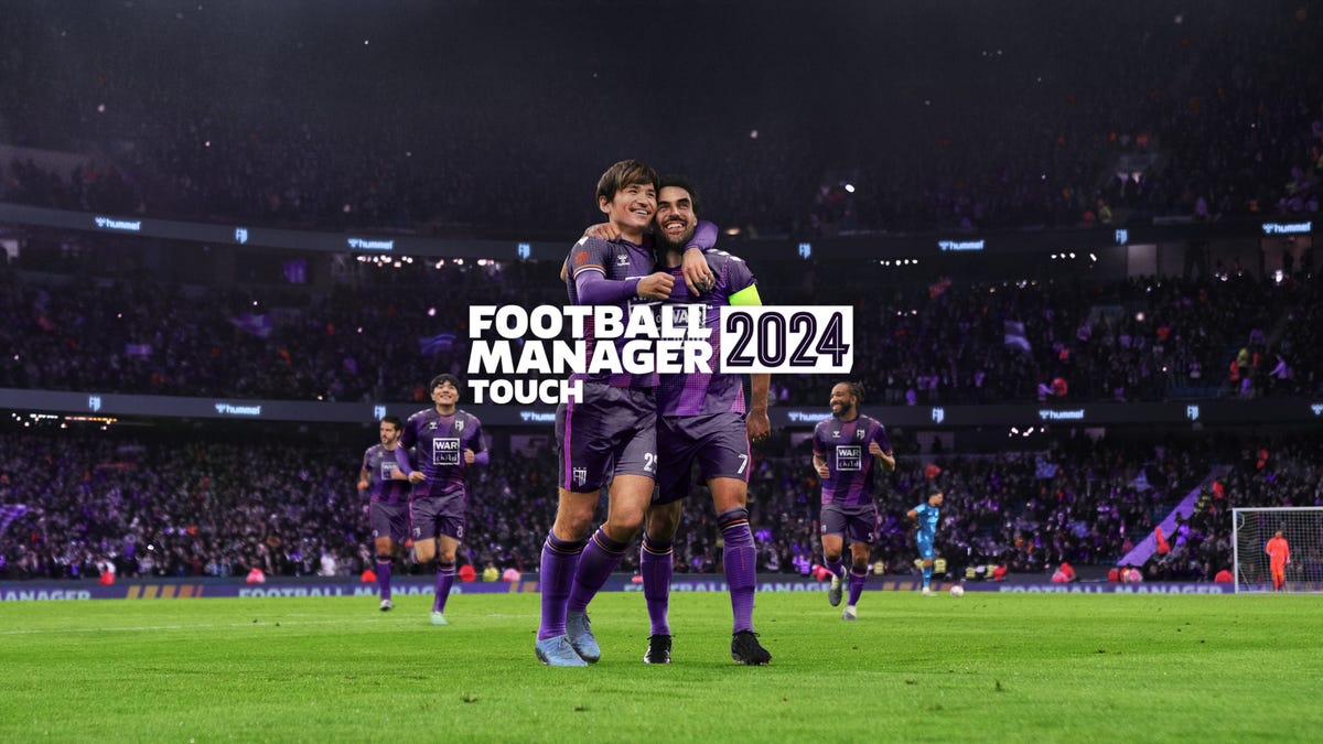 The title card of Football Manager 2024 Touch showing two players hugging in the middle of a soccer pitch