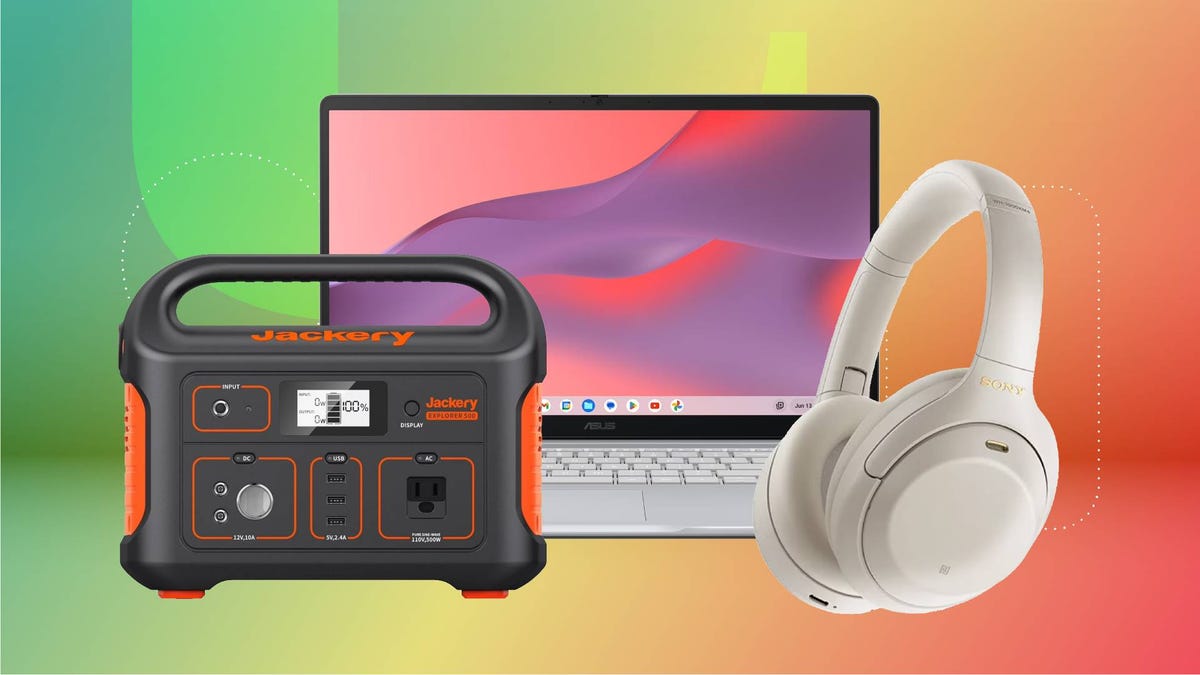 A power station, laptop and pair of headphones against a green and red gradient CNET background.
