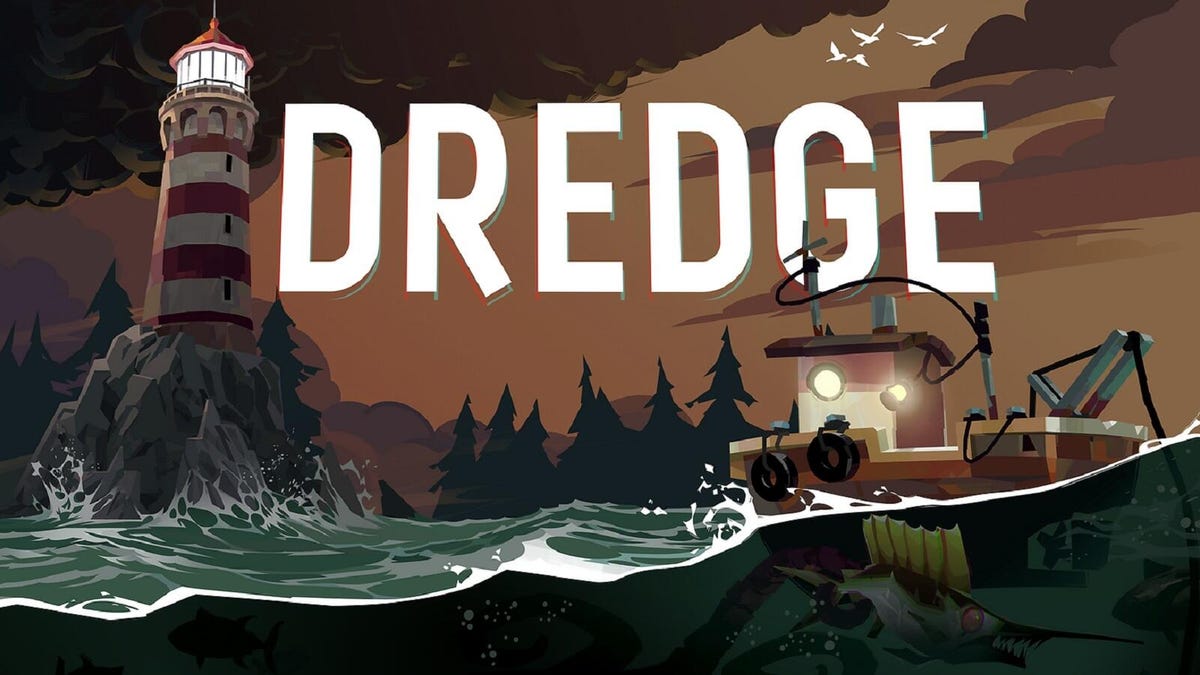 Key art for Dredge, showing the game's iconic dinky starting trawler in tumbling seas next to a forbidding lighthouse, with the title "DREDGE" looming over it.