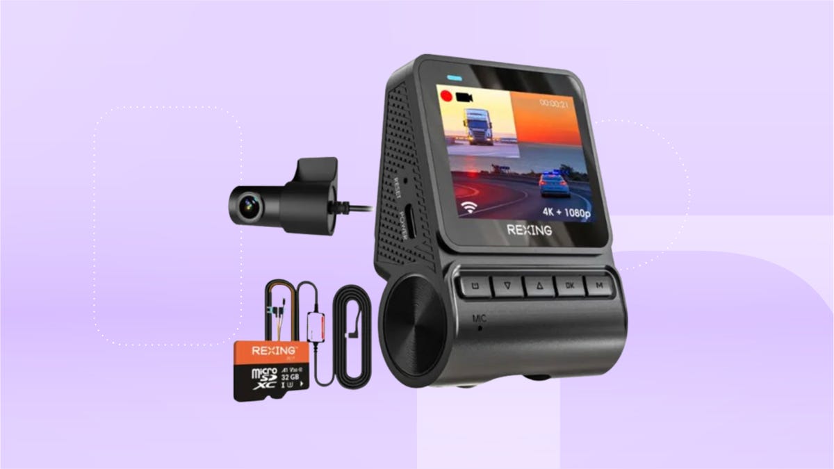 From left, black adapter, SD card and dual dash camera against lavender background.