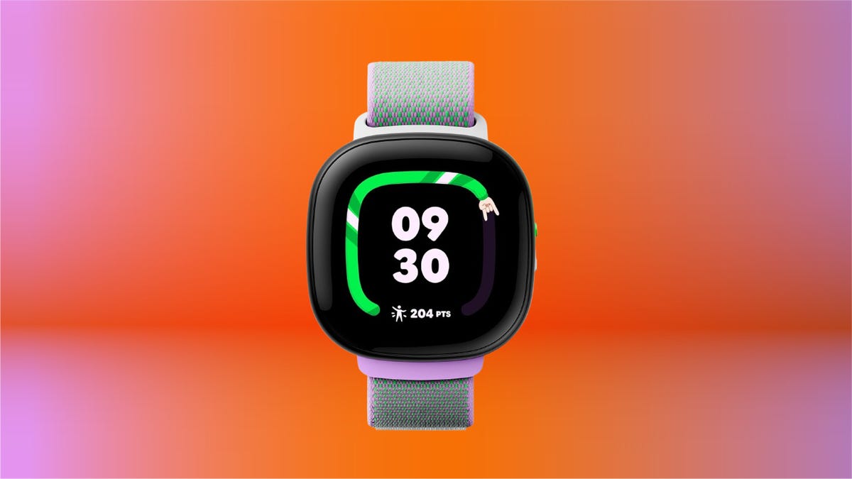 Black smartwatch with grey fabric band. Text on screen: 09:30. Background: lavender.