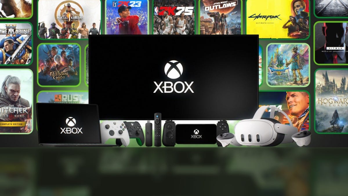 Xbox logo and various devices and game art in collage