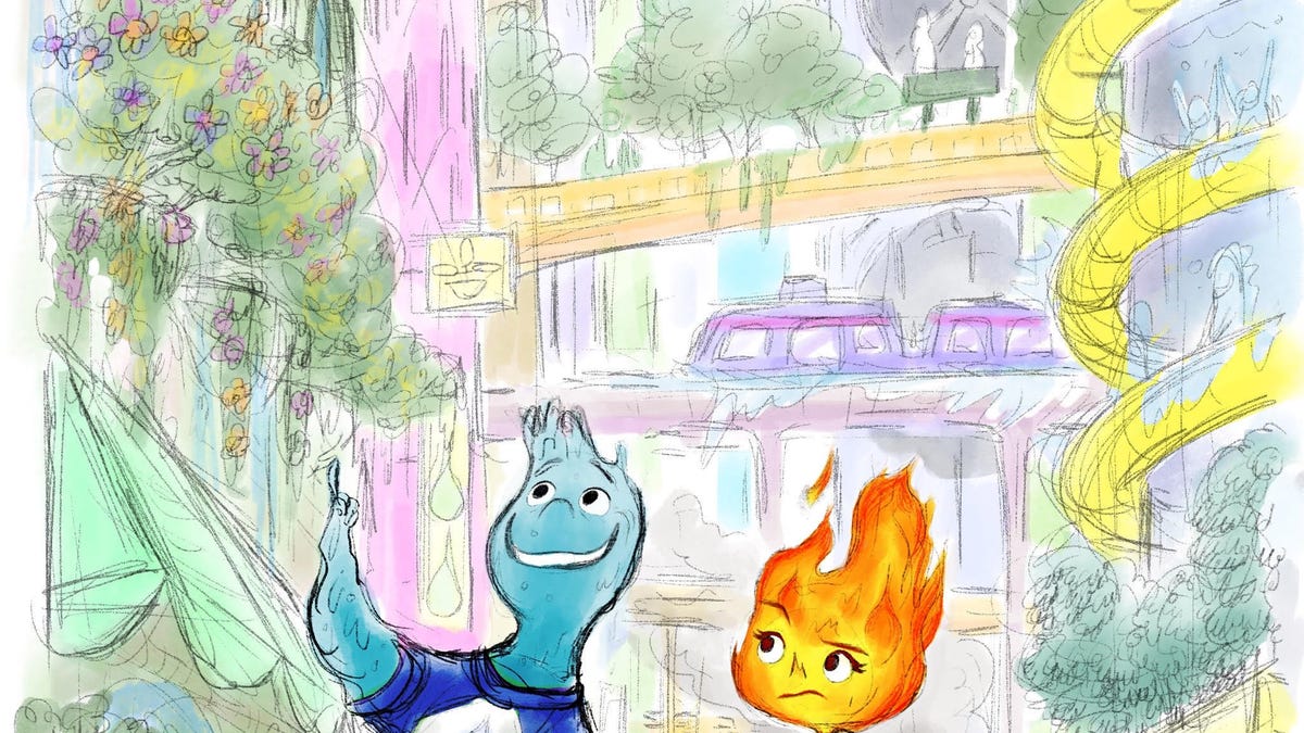 Animated smiling water person and frowning fire person walk through a cartoon city in Pixar film Elemental.