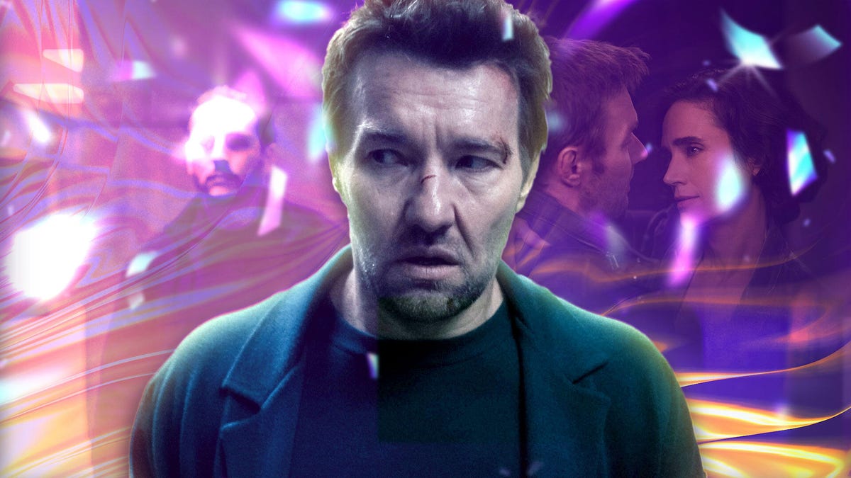 Joel Edgerton standing in front of a purple screen showing him in different states