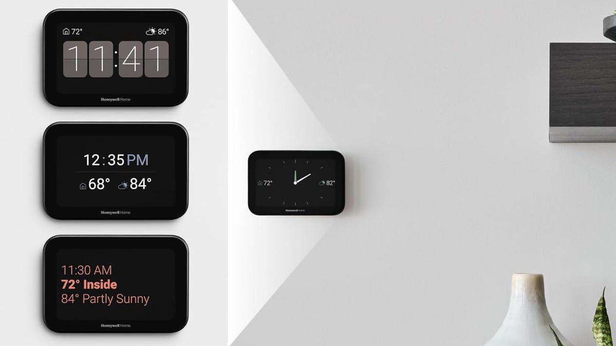 The X8S thermostat showing different screen options like a clock and temperatures.