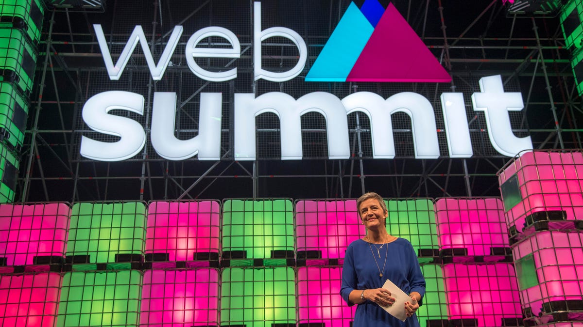 European Competition Commissioner Margrethe Vestager on stage at Web Summit in Lisbon, Portugal.