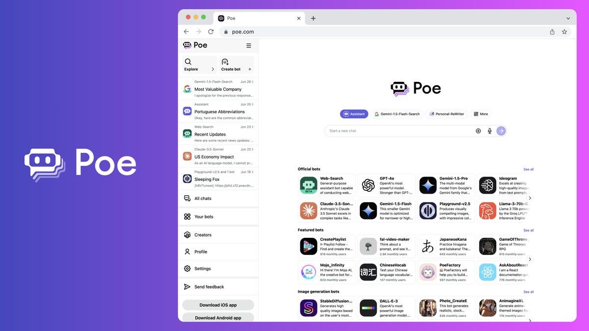 A view of Poe's main chat interface.