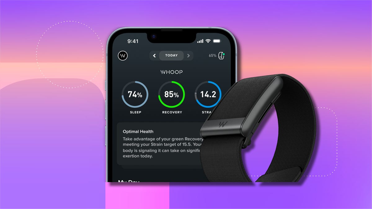 A black Whoop band and monitor is pictured against a purple backdrop