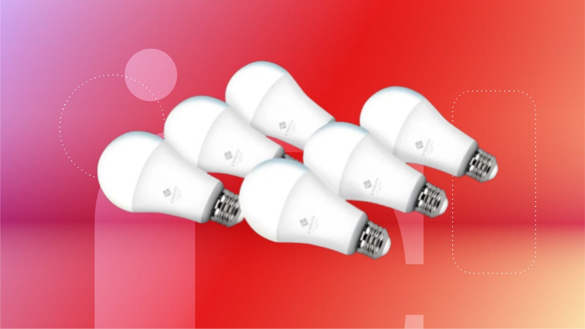 Six LED lightbulbs displayed against a pinkish orange background