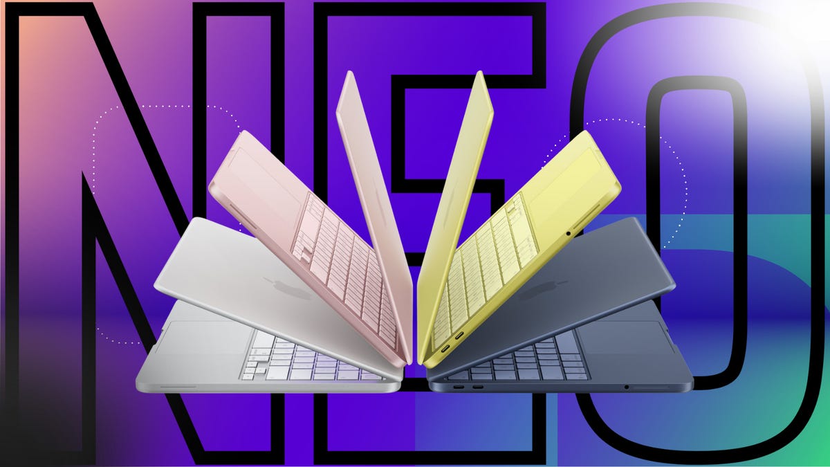 The MacBook Neo is displayed in all four colors against a gradient blue CNET background and letters that read "Neo".