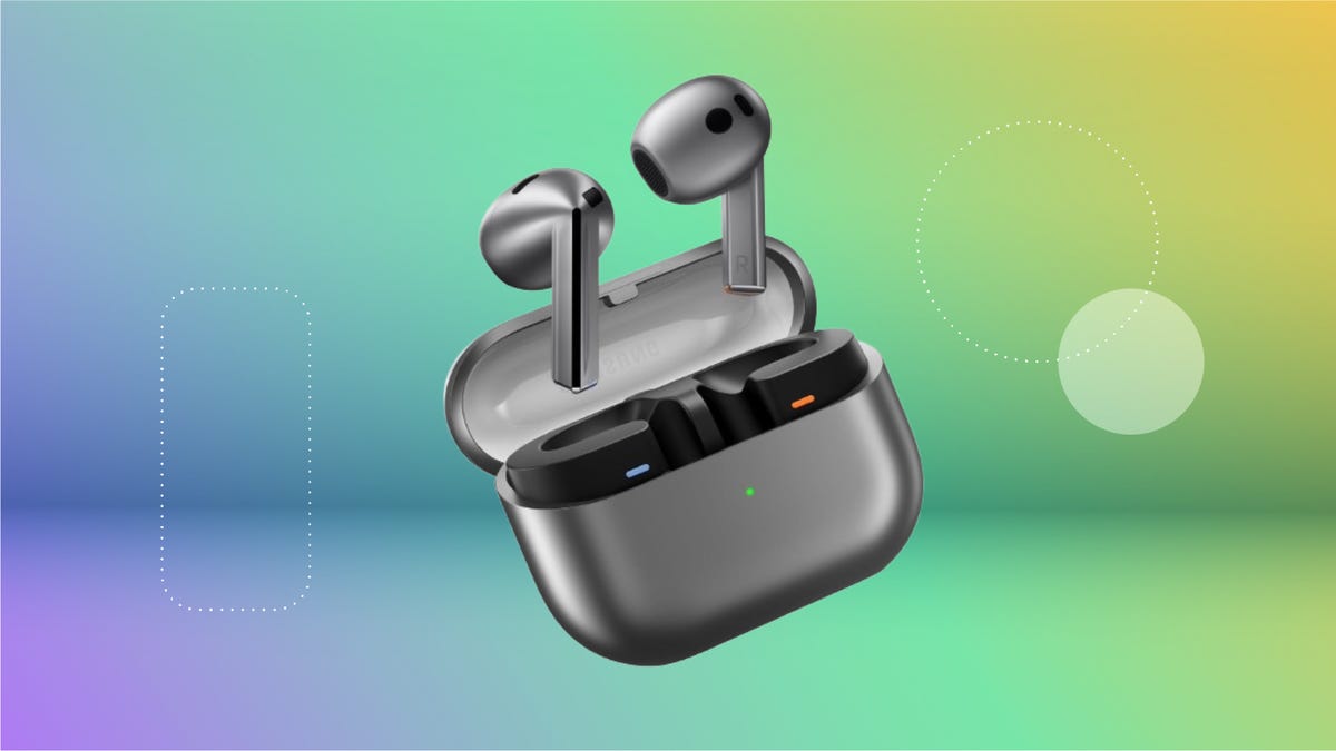 Grey Samsung Galaxy Bus3 earbuds and case against purple, blue, green and yellow gradient background.