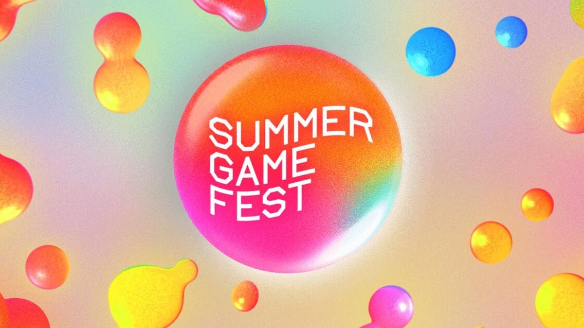 the text Summer Game Fest on a brightly colored orange bubble on a pastel gradient background with other brightly colored blobs