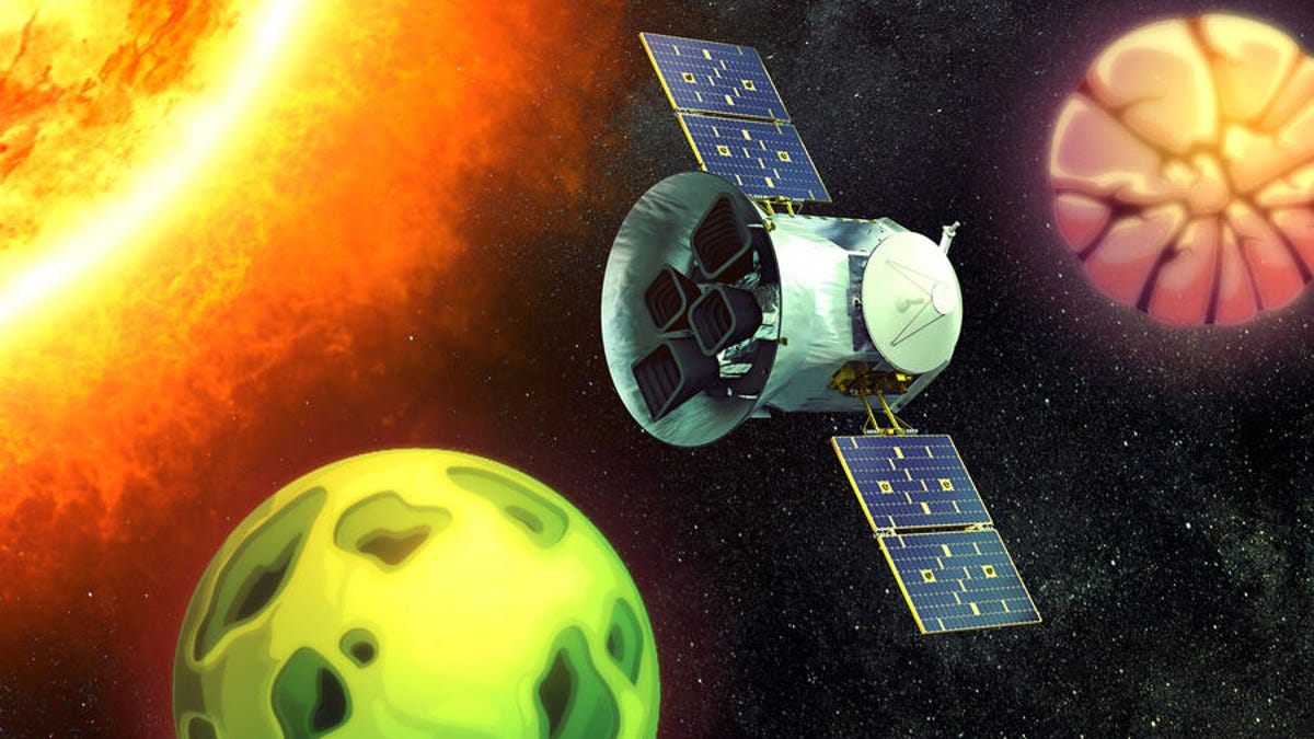 A depiction of NASA's TESS satellite exploring the universe.