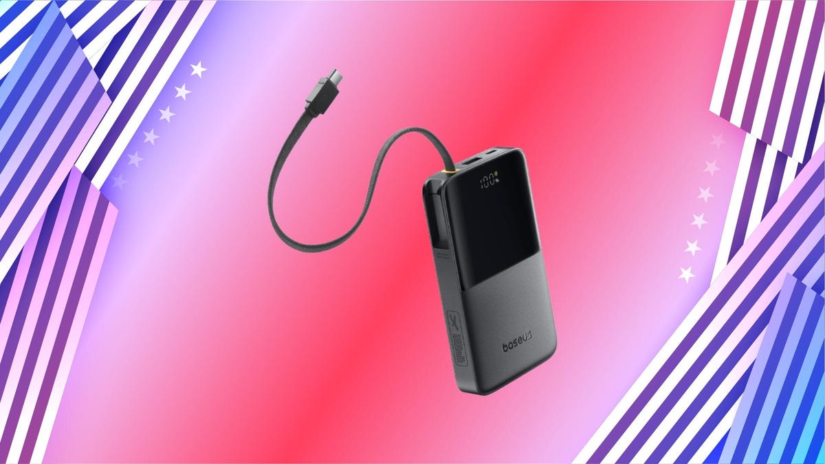 Baseus portable battery pack in black on a red background.