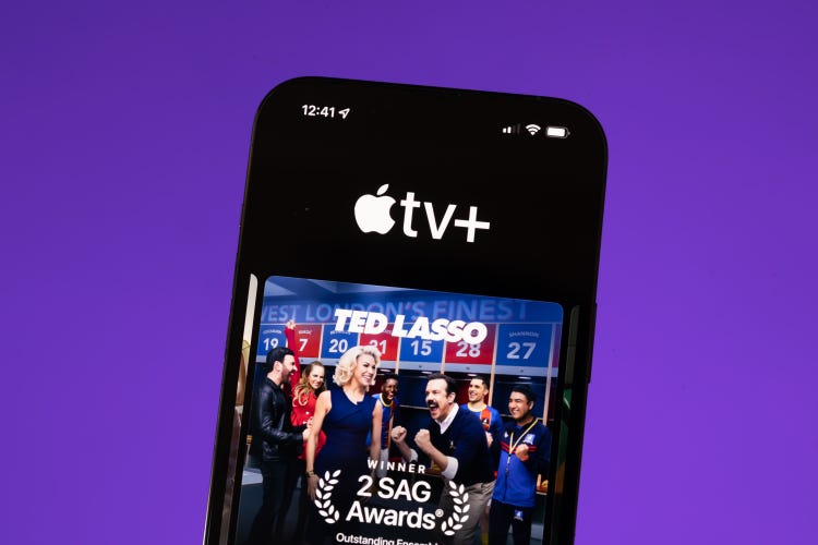 Vividly clear image of the Apple TV Plus logo with ted lasso tile