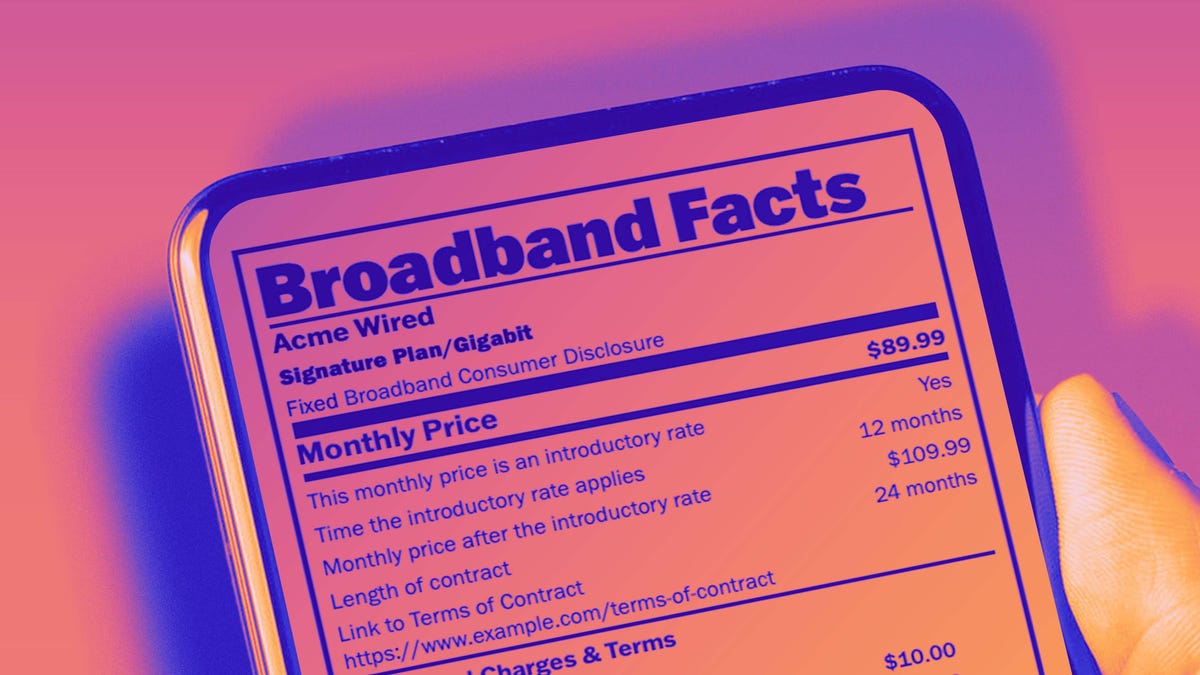 FCC broadband consumer label on a phone colorized in pink and purple