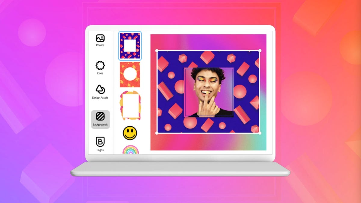 graphic showing Adobe Creative Cloud Express on a white laptop