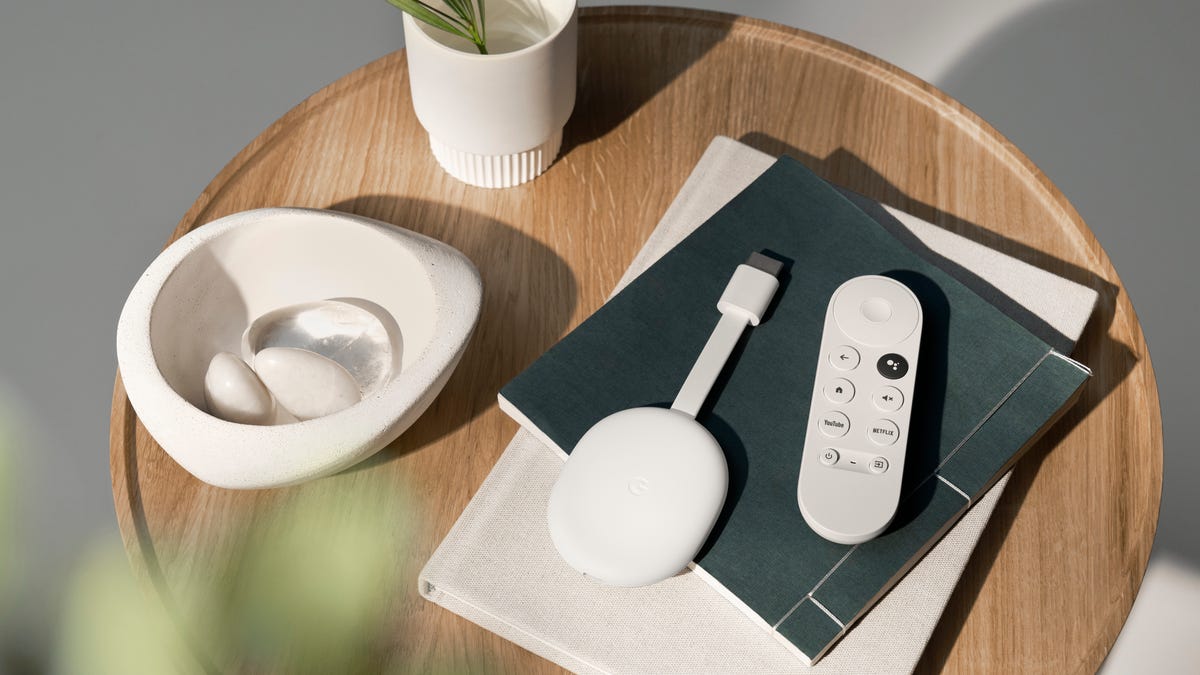 Chromecast with Google TV on a coffee table