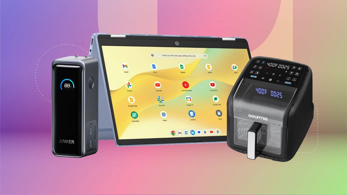 A power bank, two-in-one laptop and air fryer against a purple/green gradient CNET background.
