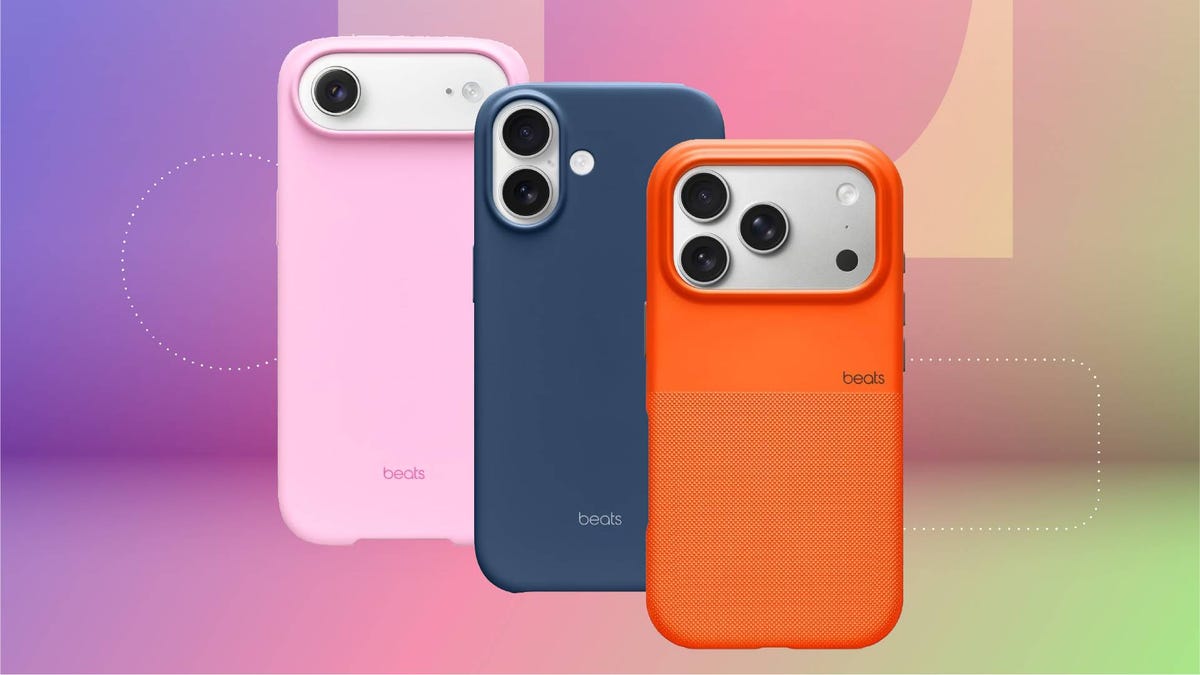 Three different colored phone cases against a purple and green gradient CNET background.