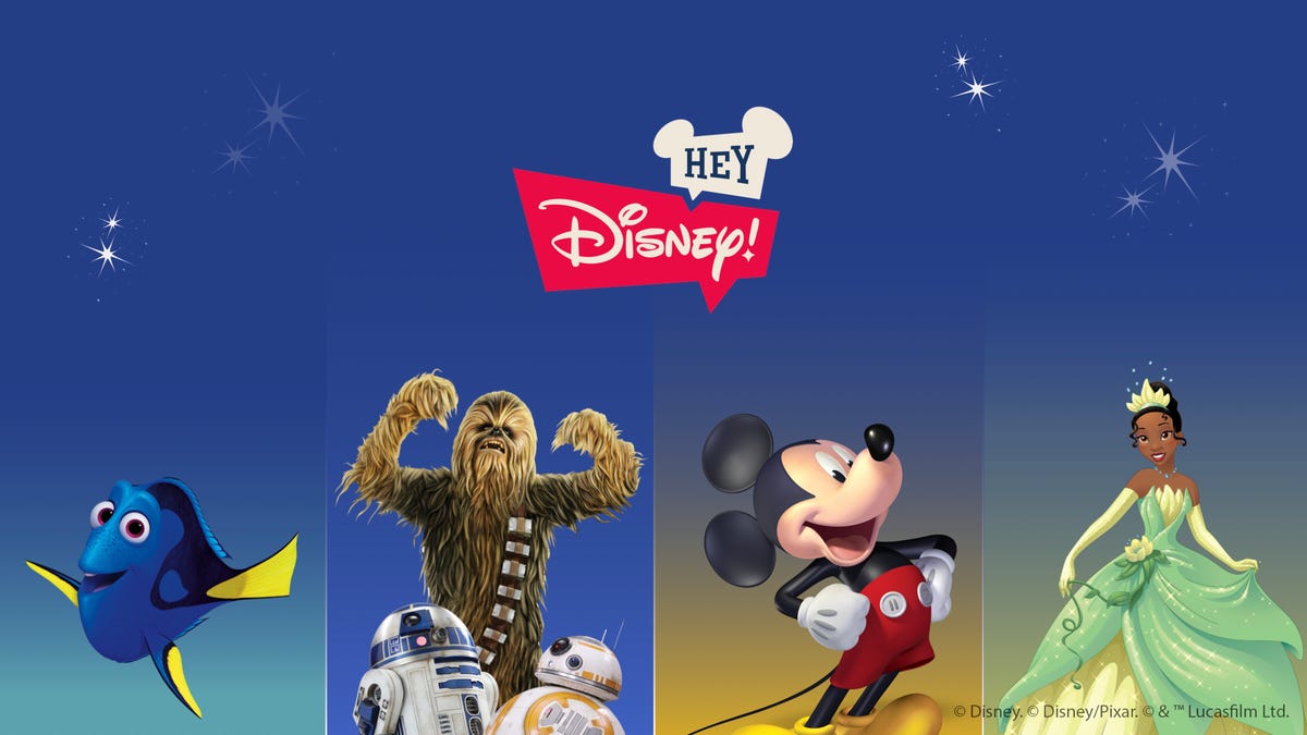 "Hey, Disney!" screen showing Dory, Chewbacca, Mickey Mouse and Princess Tiana
