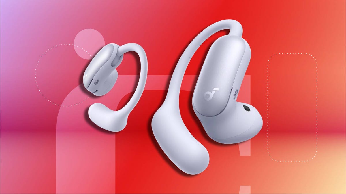 Soundcore Aerofit Pro 2 earbuds on a CNET background.