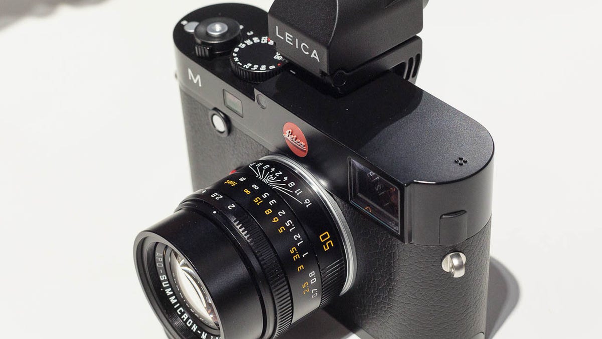 The Leica M, shown here with an electronic viewfinder in its flash hot shoe, has a 24-megapixel CMOS sensor that for the first time supports live view. It'll cost 6,200 euros ($6,950 in the United States) when it ships in early 2013.