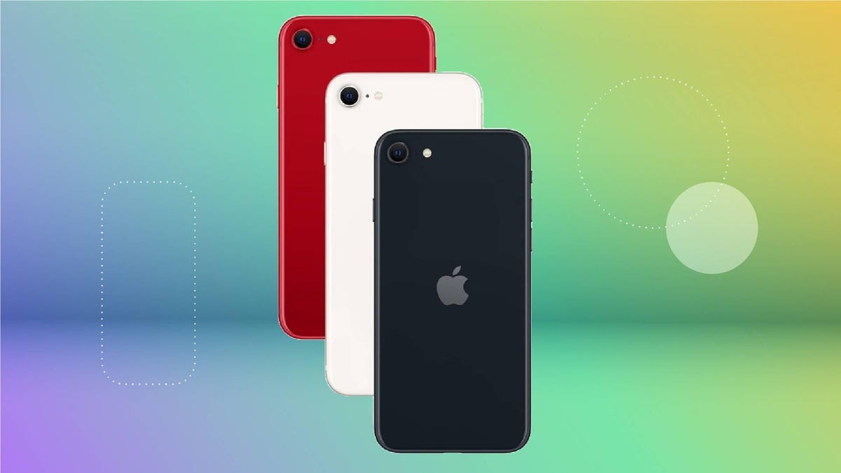 Trio of iPhone SE 3rd gen in black, white and red against a gradient background of purple, green and yellow