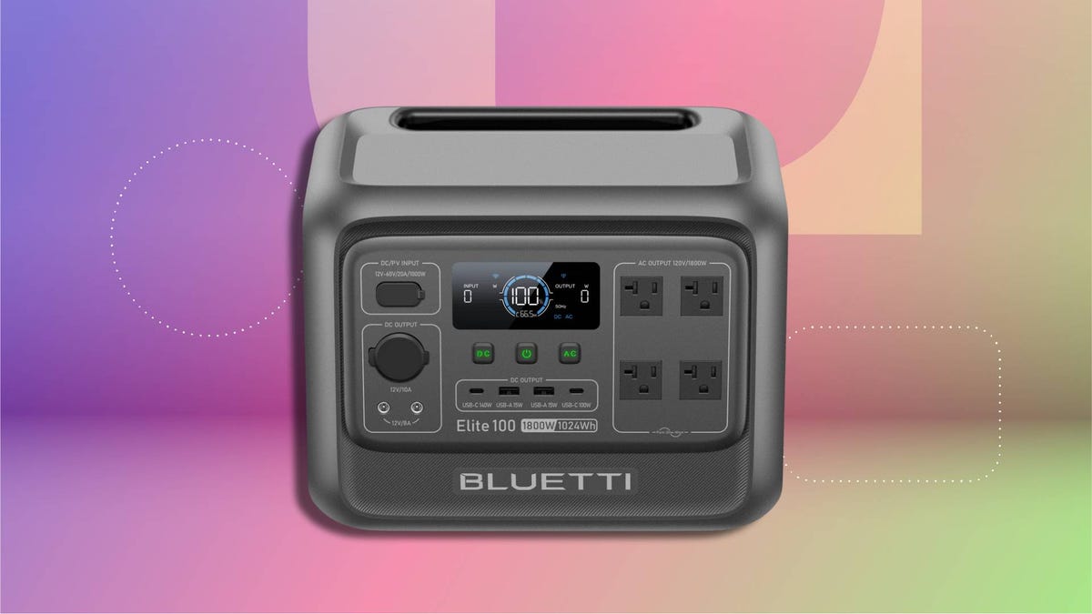 Portable power station with display, multiple outlets and top handle against CNET background.