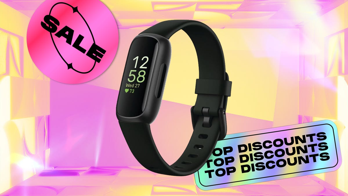 The Fitbit Inspire 3 is shown with stickers reading sale and top discounts on a yellow and pink Spring Sale background.