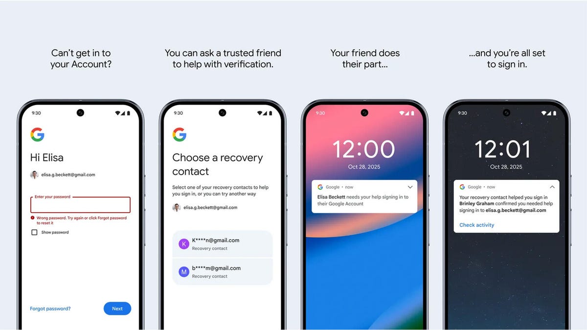 A four-screenshot image showing Google's Recovery Contacts process