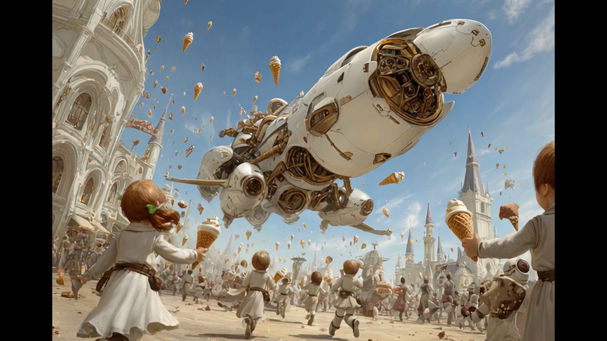 a spaceship rains down ice cream cone to a street full of children