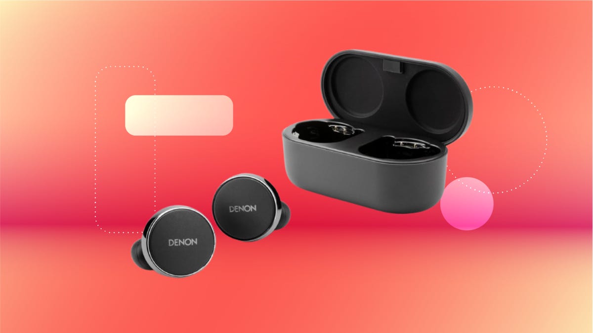 From left: black earbuds with silver accent, black case. Background: orange red gradient.