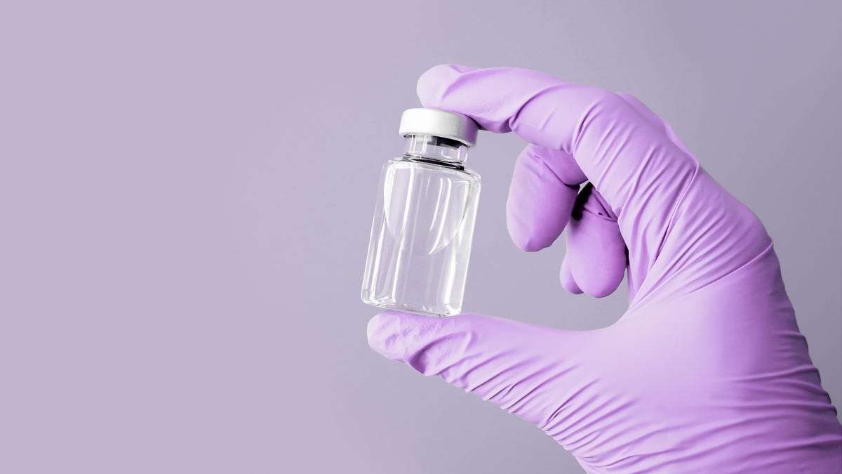 A purple gloved hand holding a vaccine vial